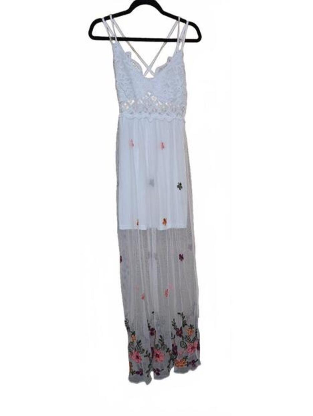 Rebellion White Lace and Embroidered Maxi Dress with Spaghetti Straps